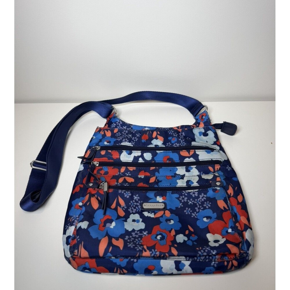 baggallini Women’s Blue Floral Crossbody Bag Purse Adjustable Strap Pockets